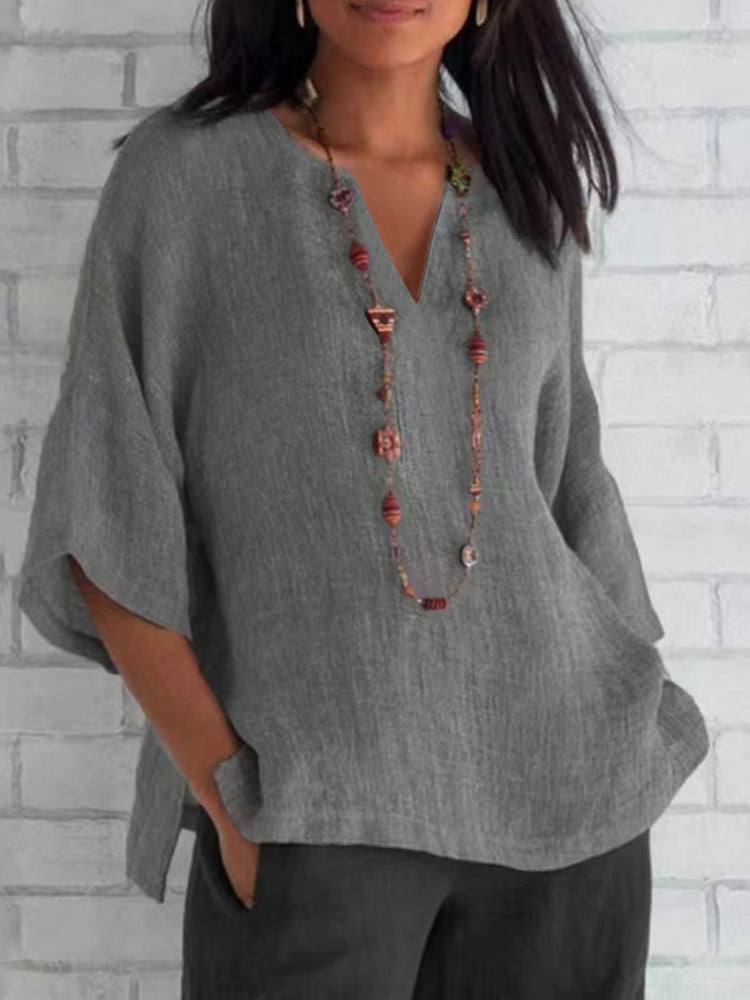 Blouse légère en lin bleue avec col en V pour femmes - Manias