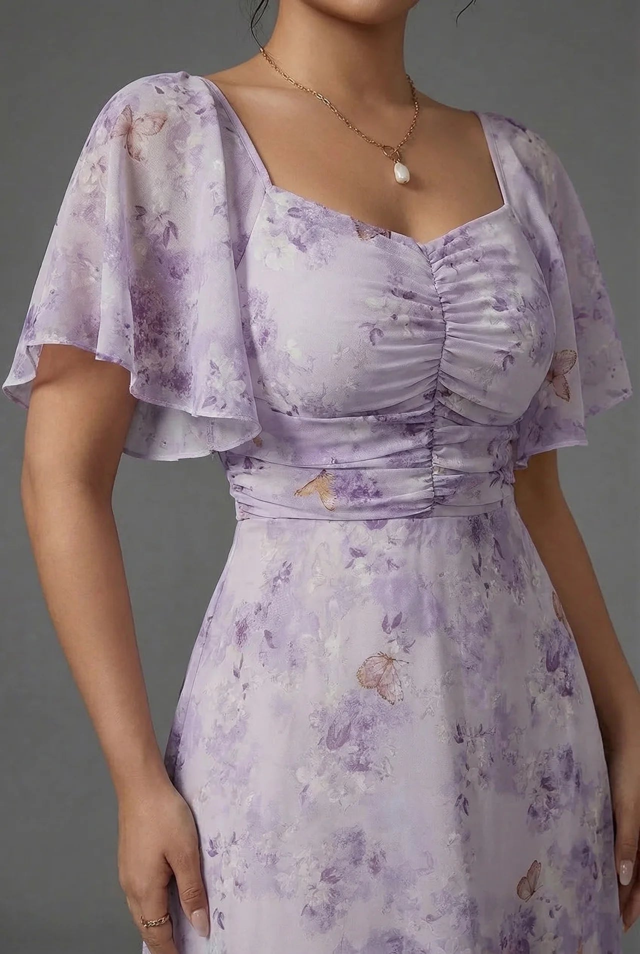 Floral Maxi Dress for Wedding Guests with Flutter Sleeves