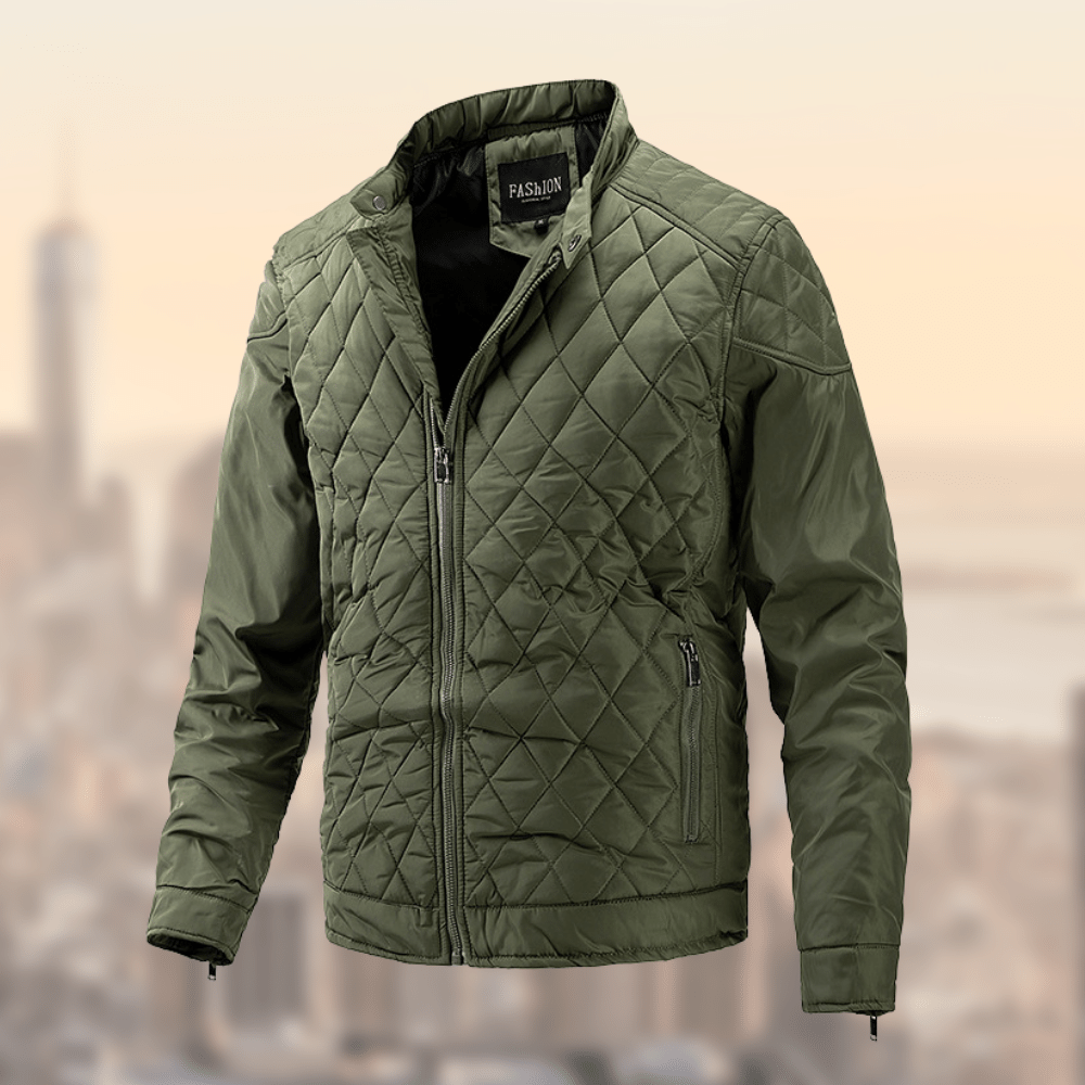 Men's Quilted Jacket - Diamond Pattern - High Collar - Zippered Cuffs - Slim Fit