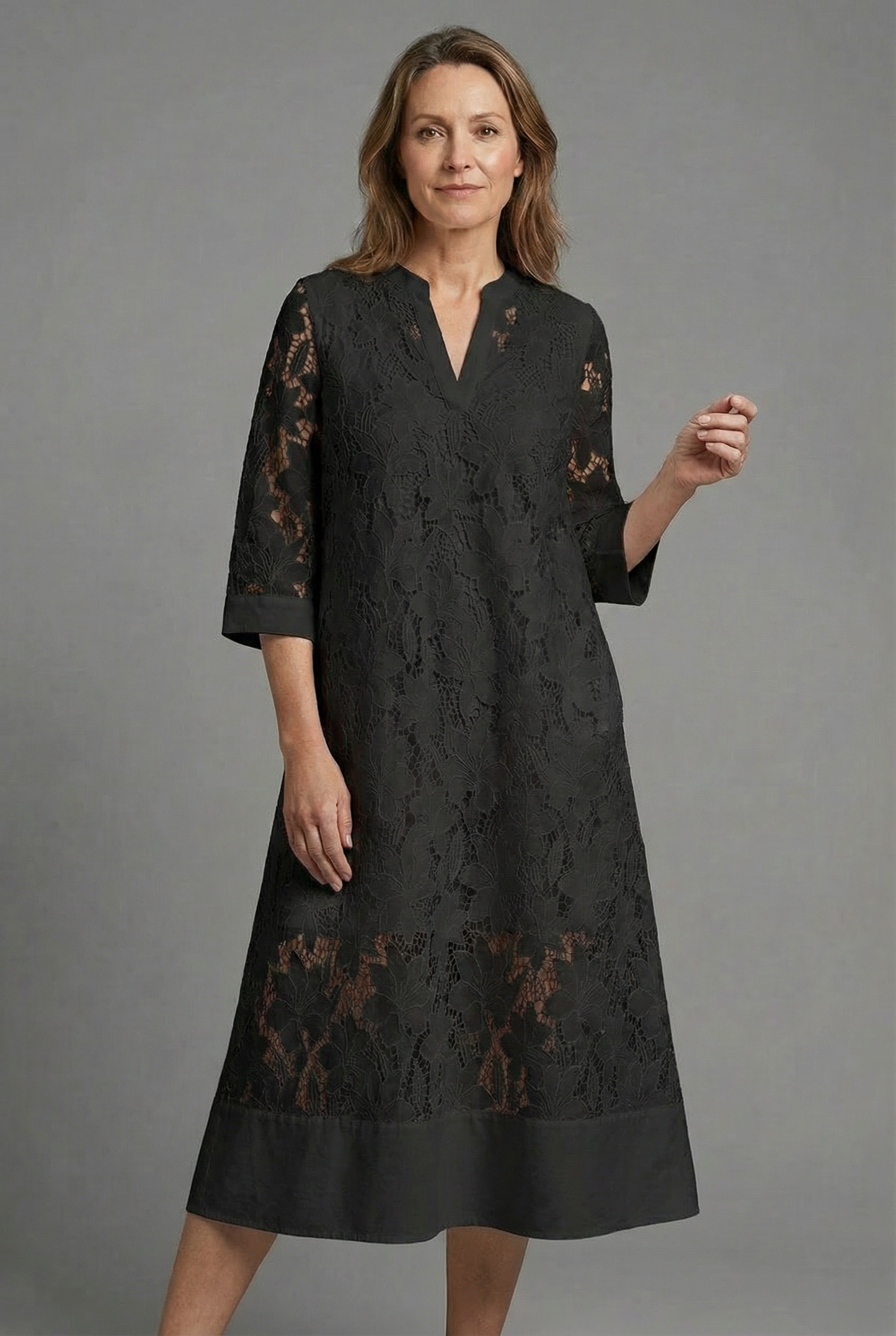 Embroidered Midi Dress for Women – Elegant Lace Details & Relaxed Fit