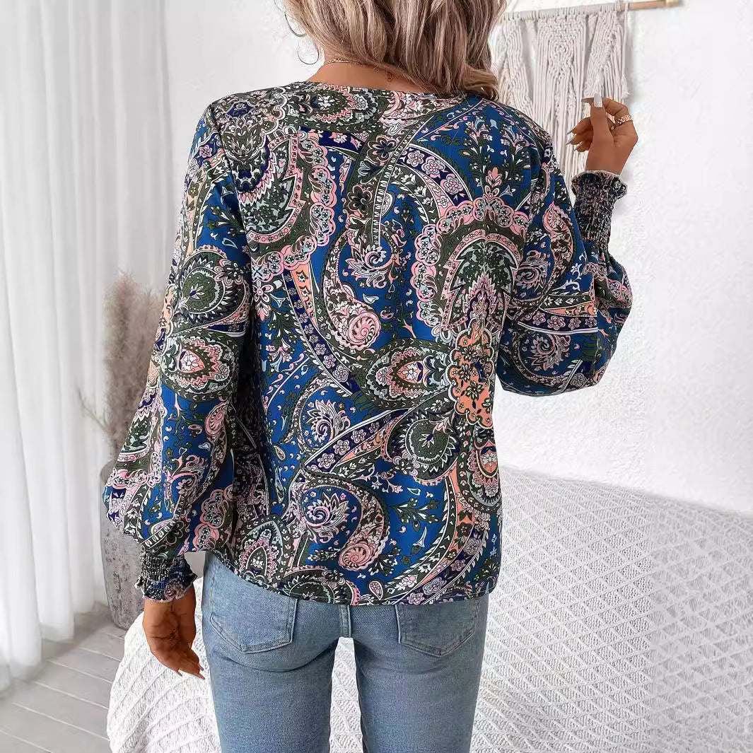 Blouse imprimée pour femme à col en V - Chemise stylée et confortable avec manches lanterne