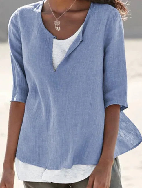 Blouse blanche élégante pour femmes avec col rond en lin - Tamera