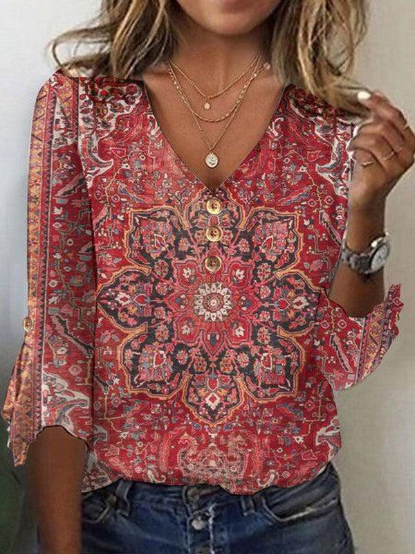Red Top with 3/4 Sleeves and V-Neck
