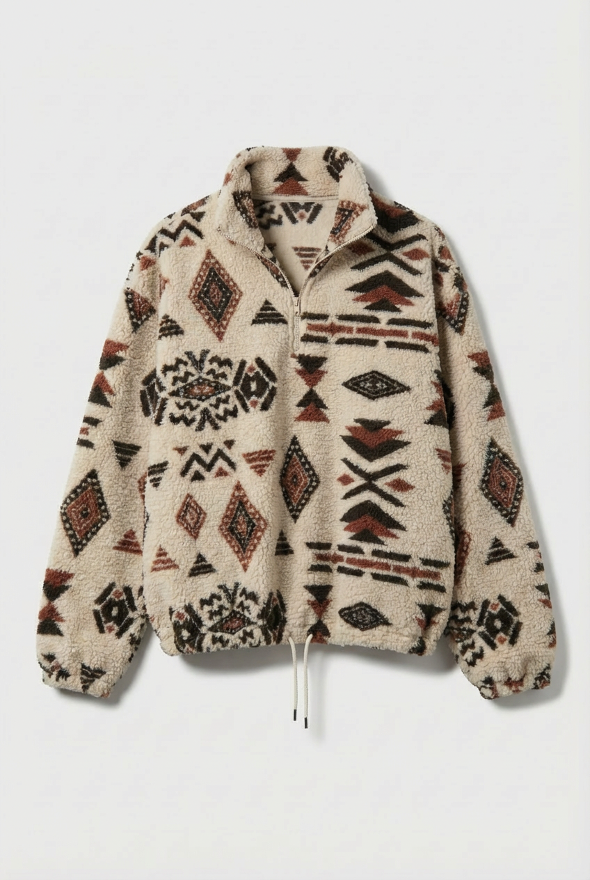 Cozy fleece zip-up sweatshirt for women – geometric winter print