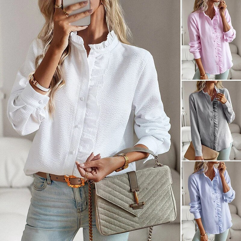 Blouse élégante à manches longues pour femme avec col montant