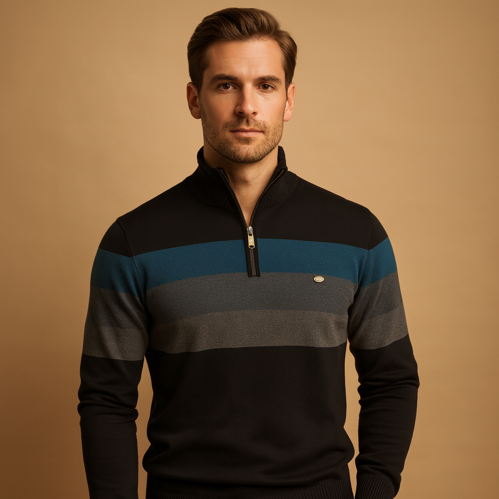 Pull homme à demi-fermeture éclair | Motif tricoté rayé avec col moderne