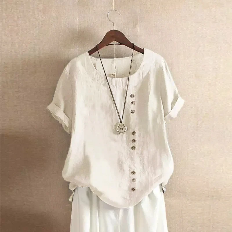 Linen blouse for women - asymmetrical button closure - short sleeves