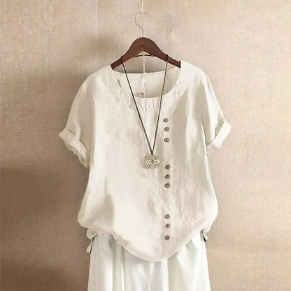 Linen blouse for women - asymmetrical button closure - short sleeves