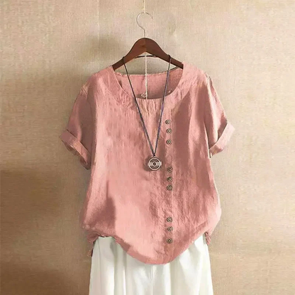 Linen blouse for women - asymmetrical button closure - short sleeves