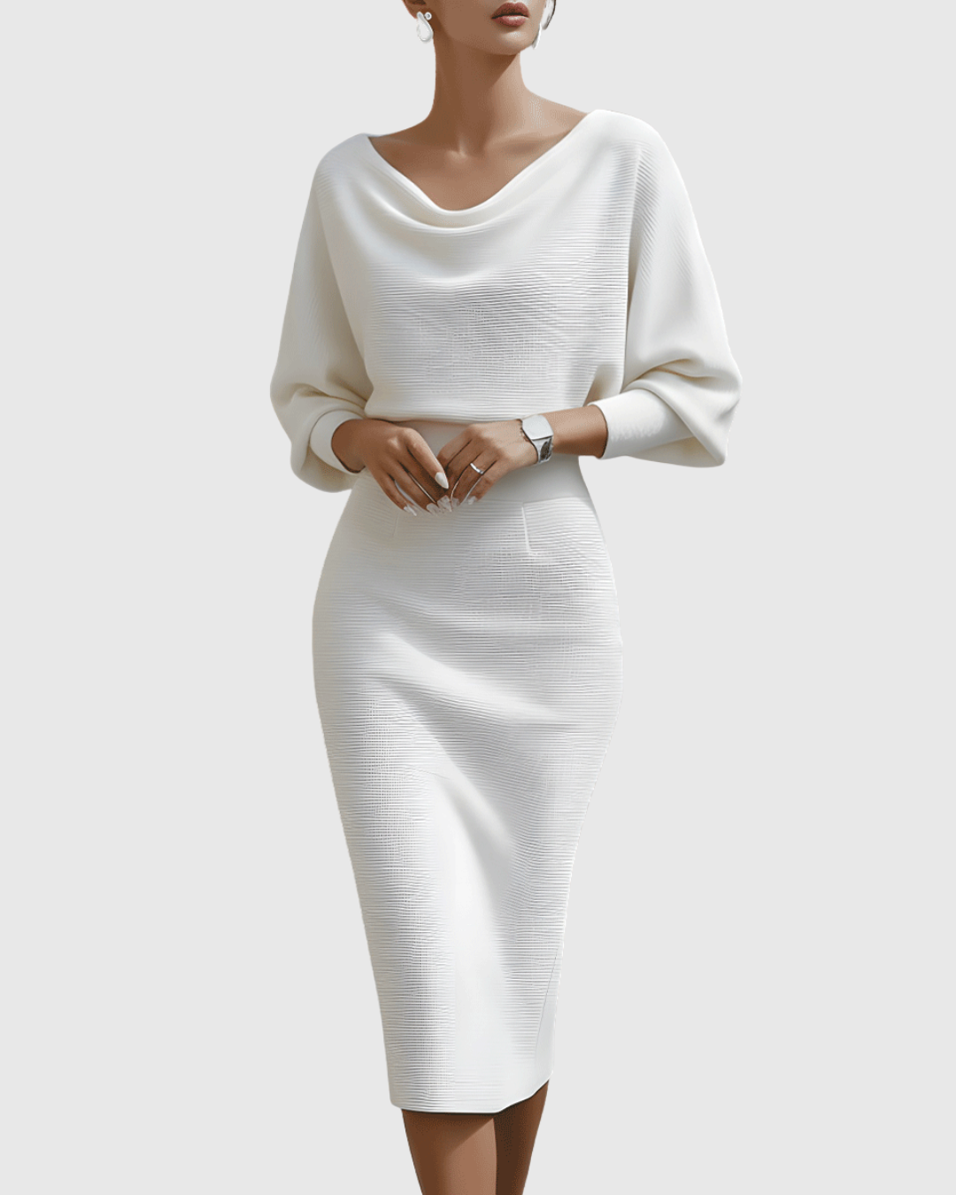 Robe midi blanche drapée avec manches chauve-souris
