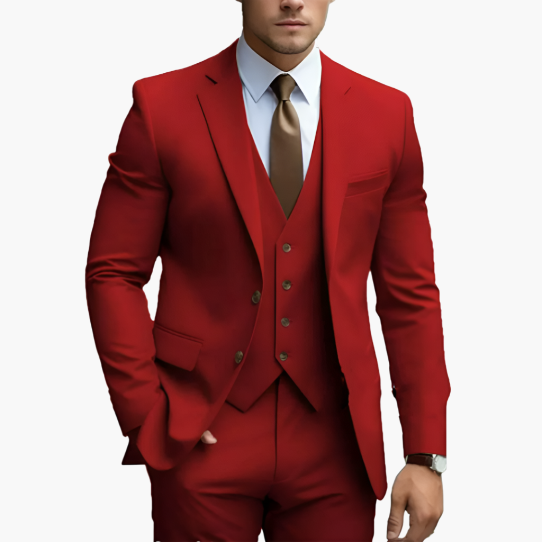 Elegant men's suit with jacket, vest, and trousers