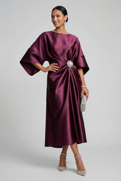 Satin midi dress with batwing sleeves for wedding guests