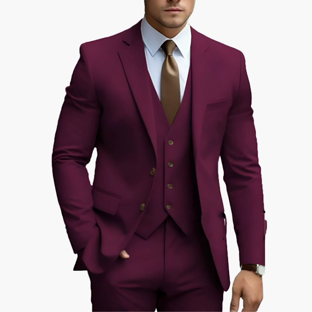 Elegant men's suit with jacket, vest, and trousers
