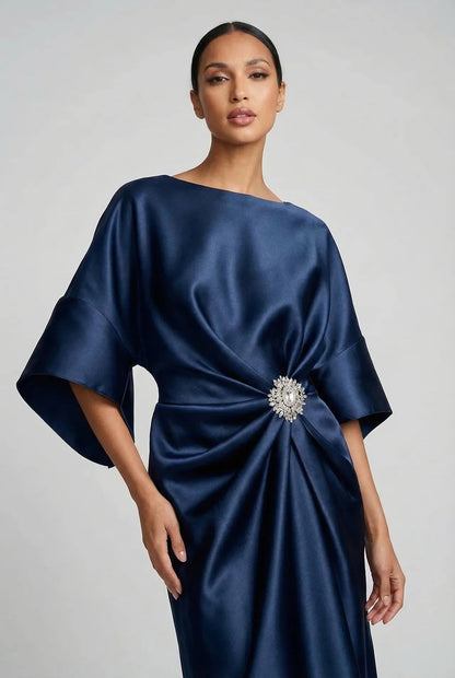 Satin midi dress with batwing sleeves for wedding guests