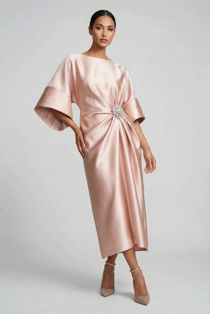 Satin midi dress with batwing sleeves for wedding guests