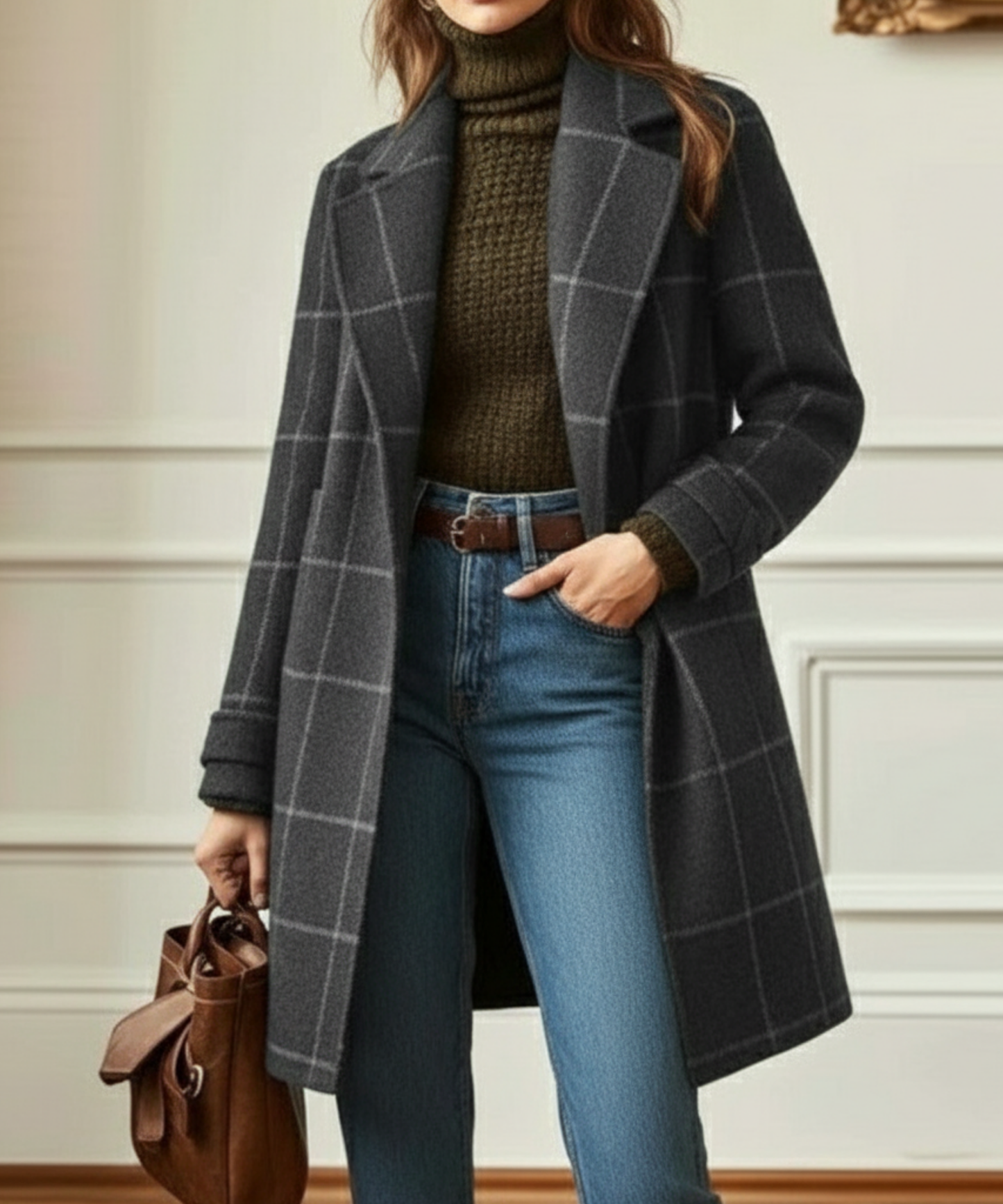 Manteau en laine à motif à carreaux avec col à revers