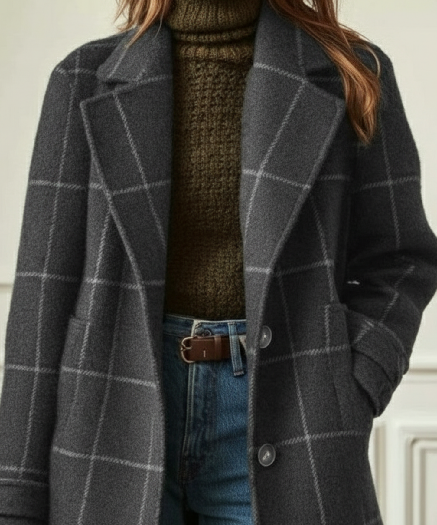 Manteau en laine à motif à carreaux avec col à revers