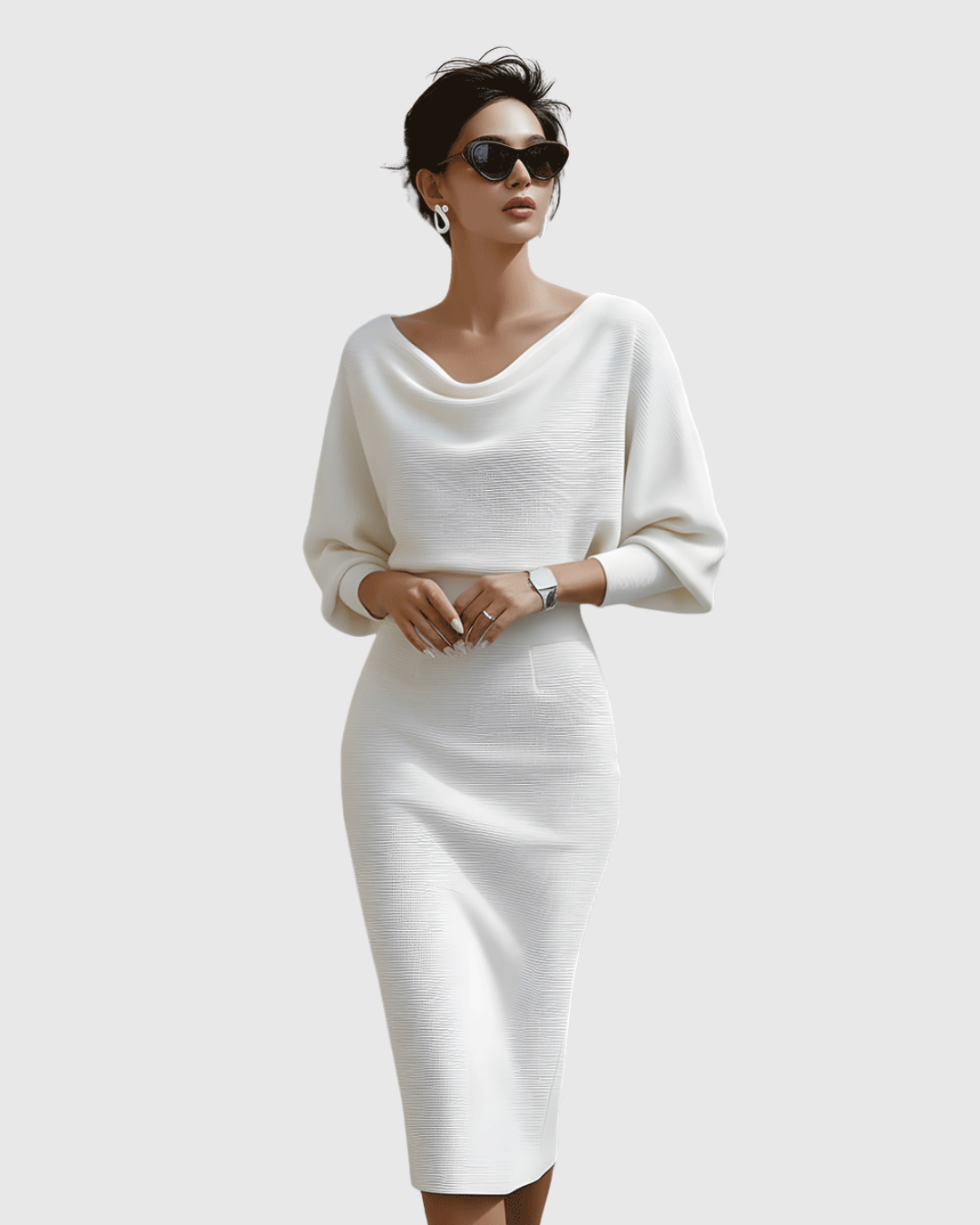 Robe midi blanche drapée avec manches chauve-souris