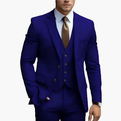 Elegant men's suit with jacket, vest, and trousers
