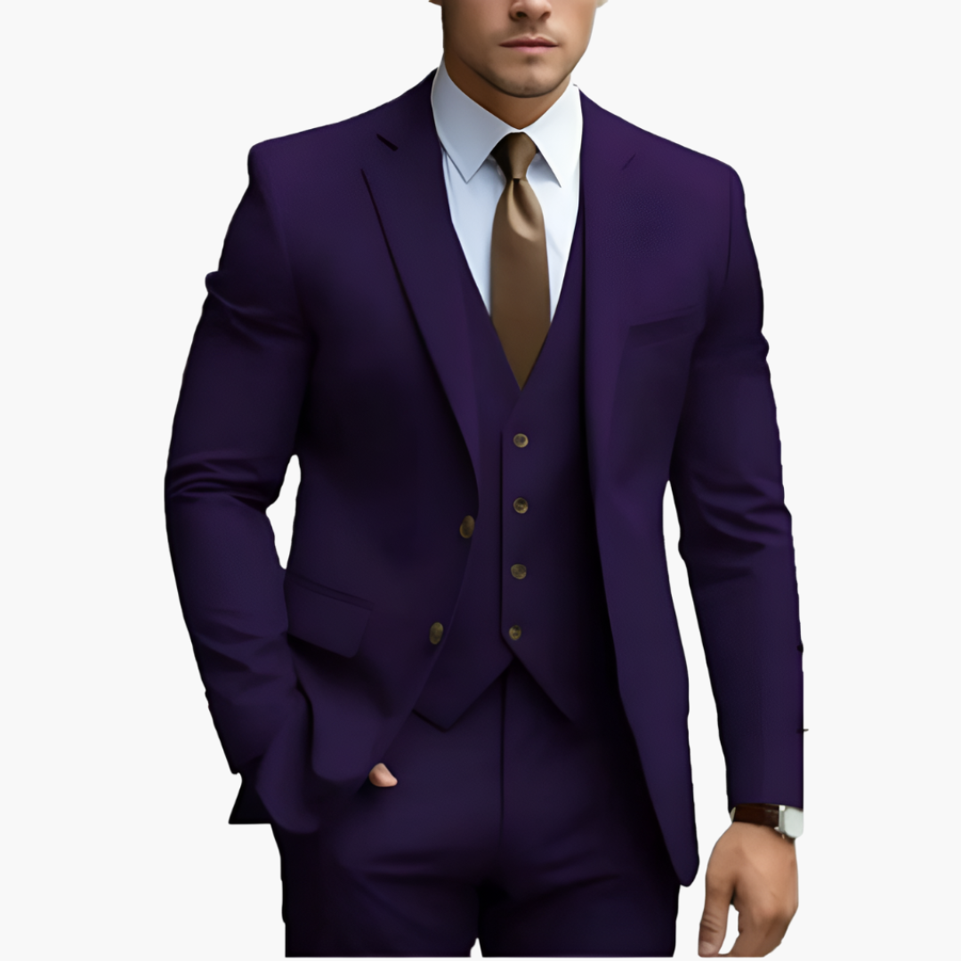 Elegant men's suit with jacket, vest, and trousers