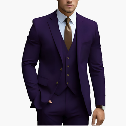 Elegant men's suit with jacket, vest, and trousers