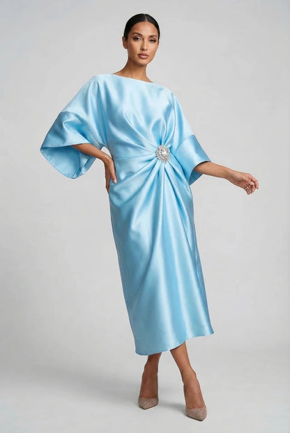 Satin midi dress with batwing sleeves for wedding guests
