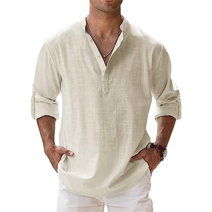 Men's Linen Shirt with Henley Collar