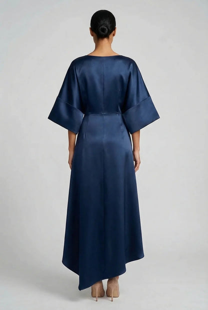 Satin midi dress with batwing sleeves for wedding guests