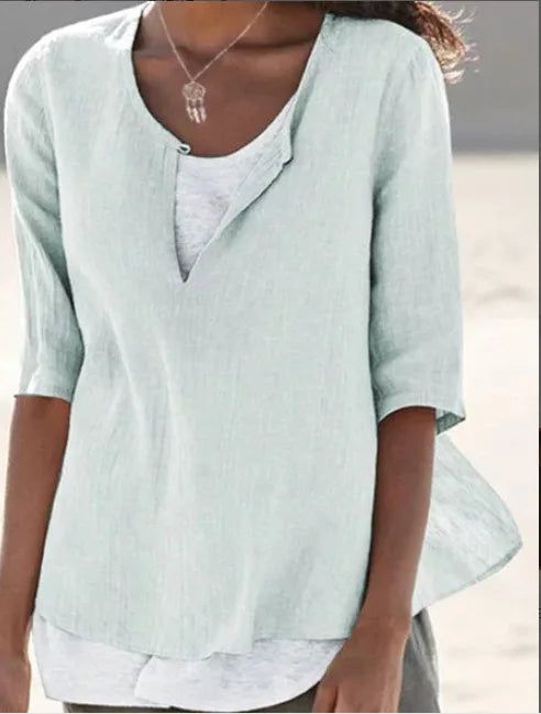 Blouse blanche élégante pour femmes avec col rond en lin - Tamera
