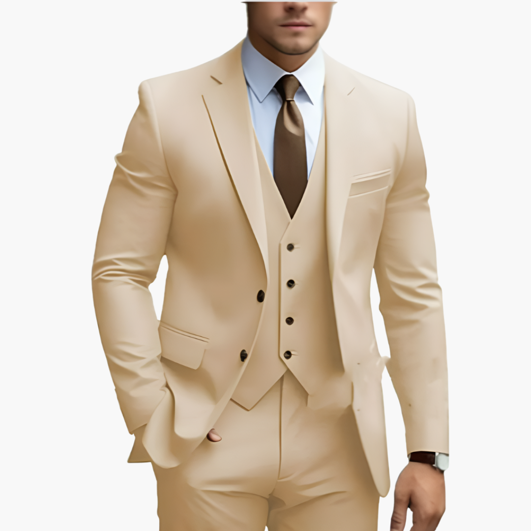 Elegant men's suit with jacket, vest, and trousers