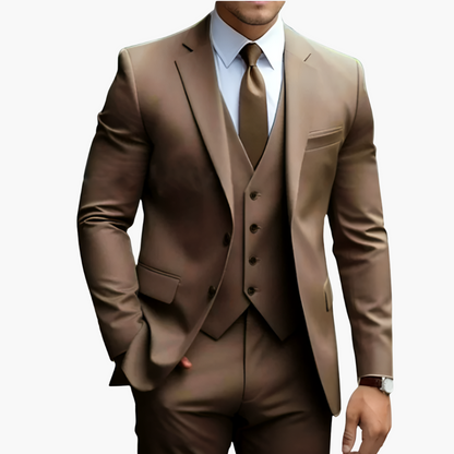 Elegant men's suit with jacket, vest, and trousers