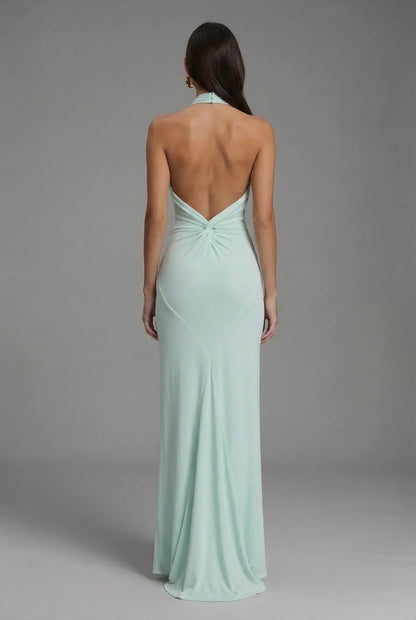 Robe longue élégante en satin avec col licou et décolleté dans le dos pour femme