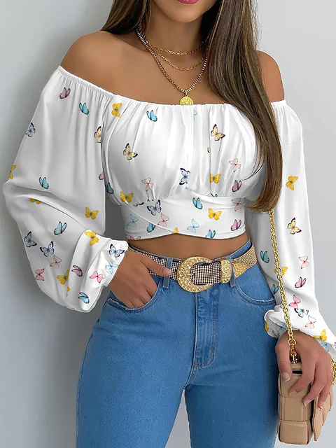 Crop-top épaules dénudées - Style bohème élégant avec manches longues