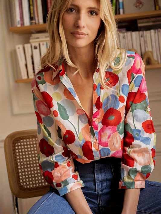 Vienna Blouse Women Red with Floral Pattern Feminine Summery