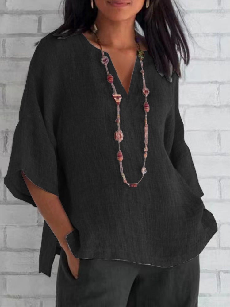 Blouse légère en lin bleue avec col en V pour femmes - Manias