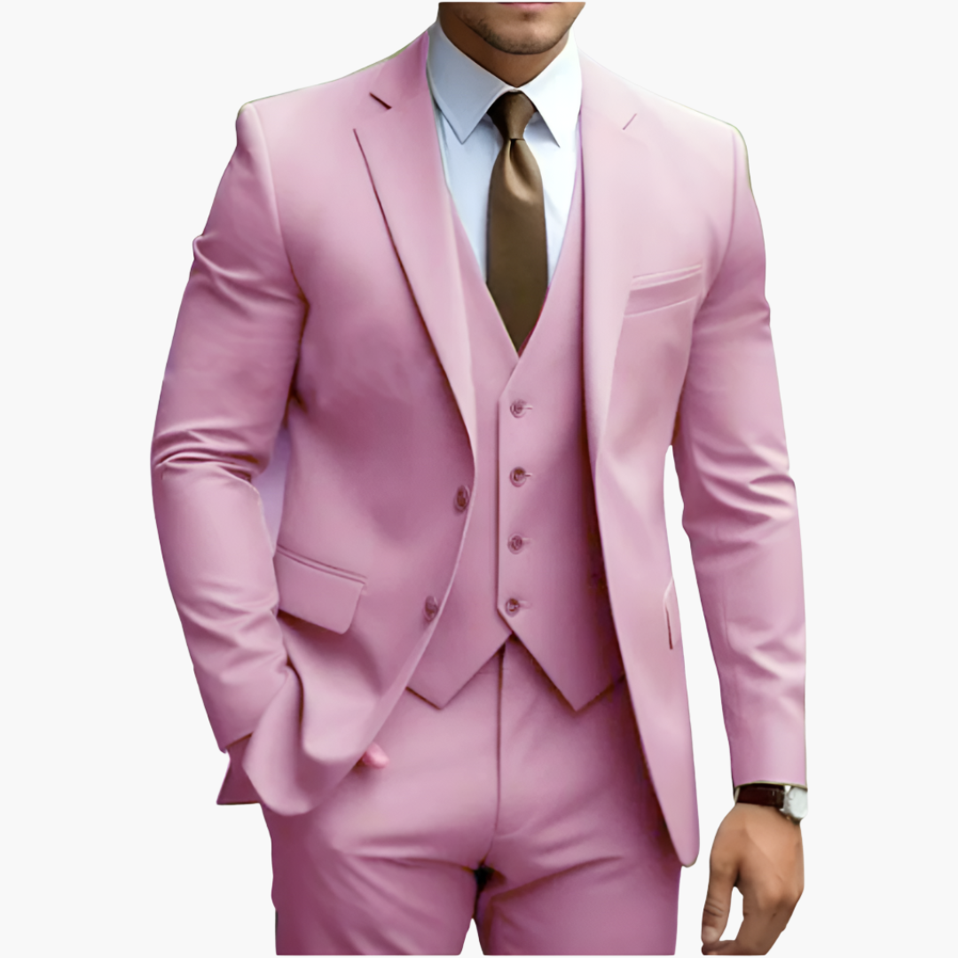 Elegant men's suit with jacket, vest, and trousers