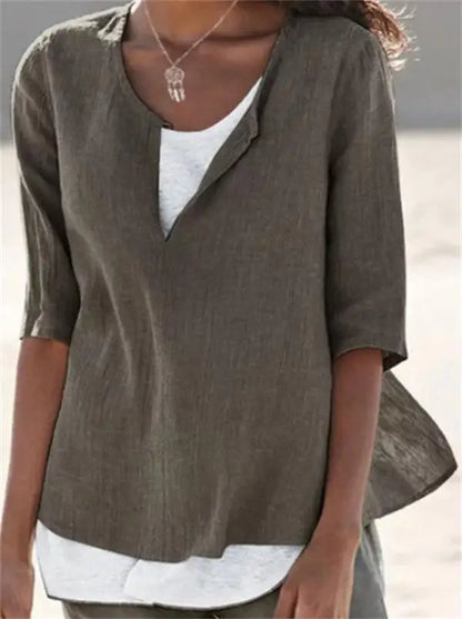 Blouse blanche élégante pour femmes avec col rond en lin - Tamera