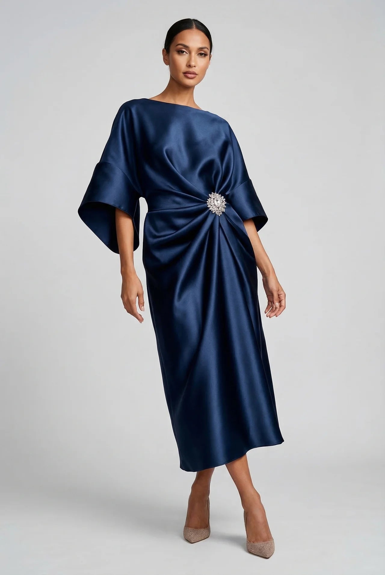 Satin midi dress with batwing sleeves for wedding guests