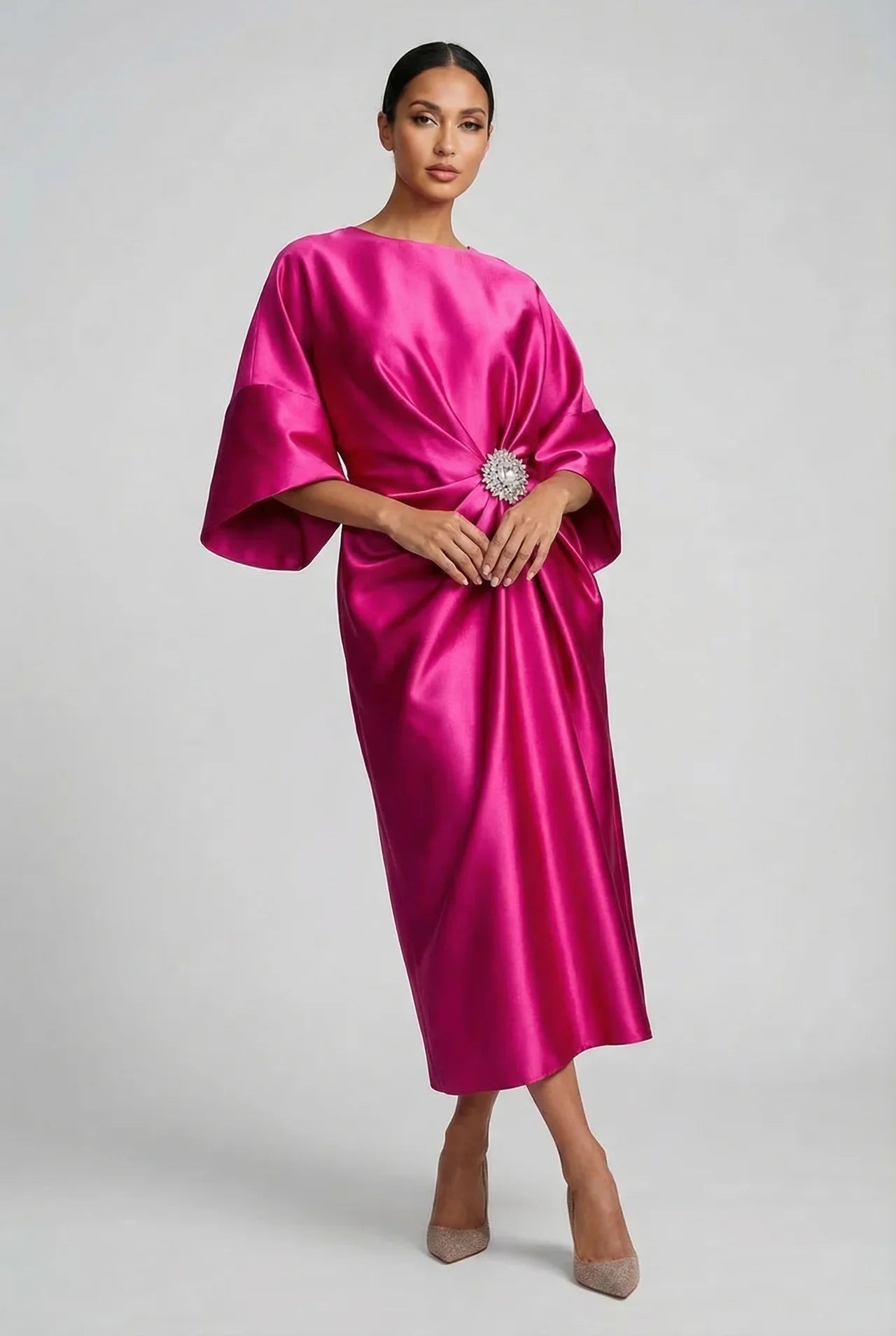 Satin midi dress with batwing sleeves for wedding guests