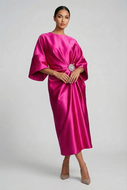 Satin midi dress with batwing sleeves for wedding guests