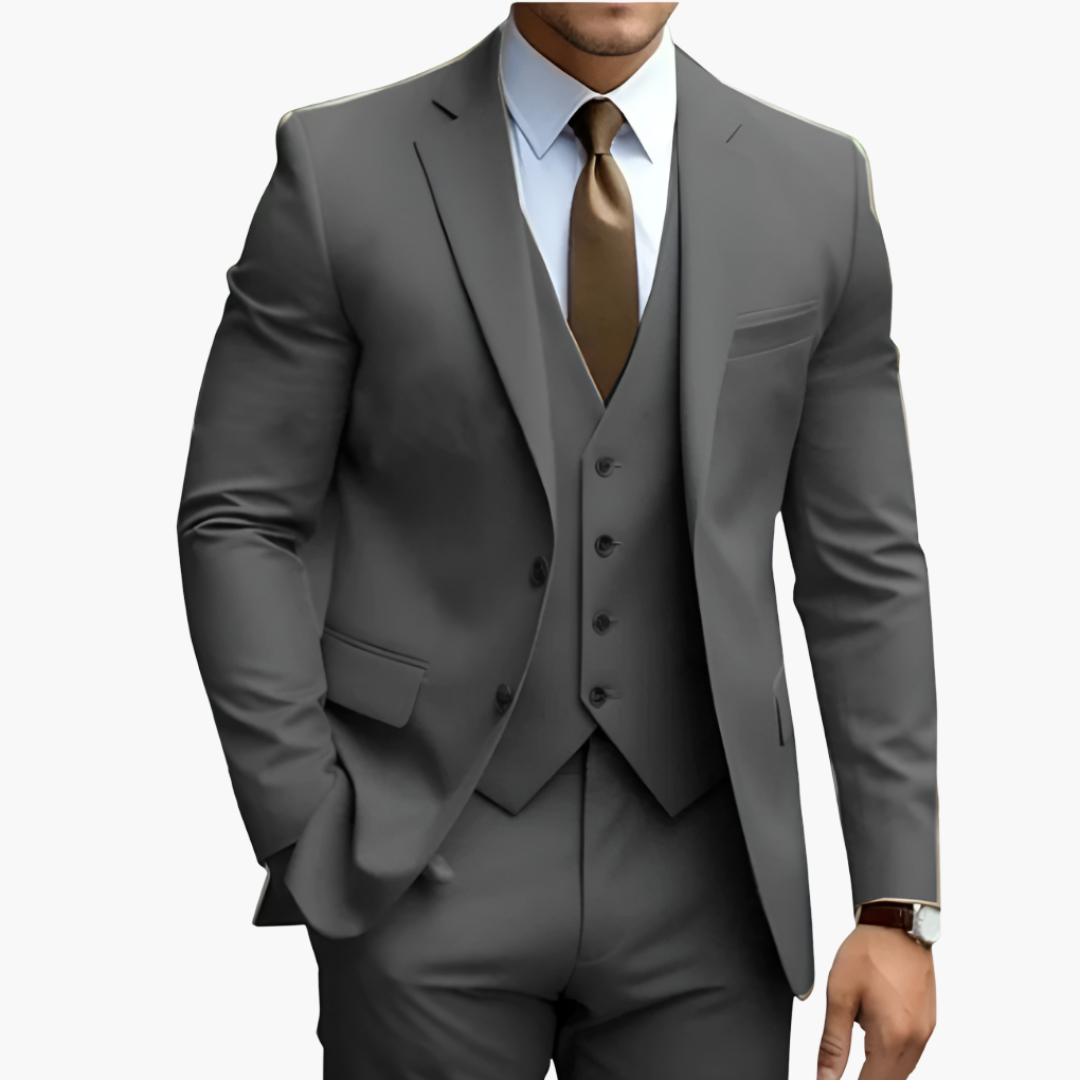 Elegant men's suit with jacket, vest, and trousers
