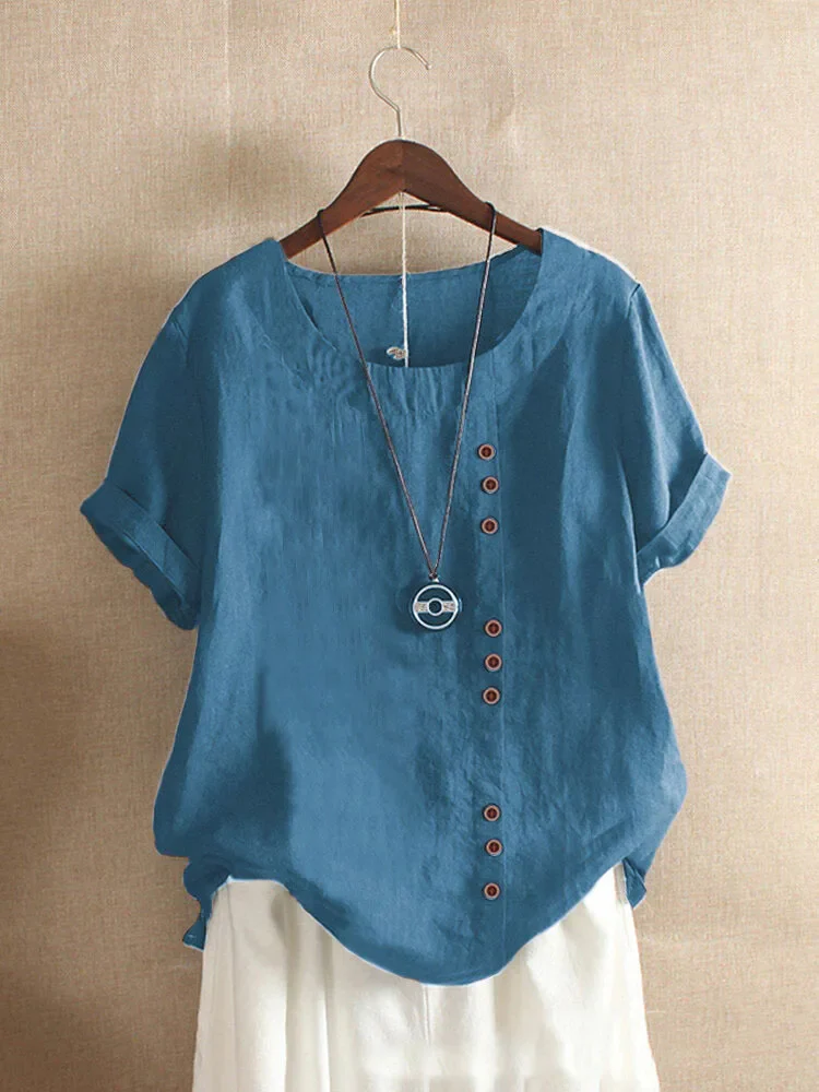 Linen blouse for women - asymmetrical button closure - short sleeves
