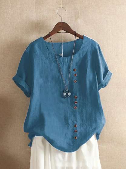 Linen blouse for women - asymmetrical button closure - short sleeves