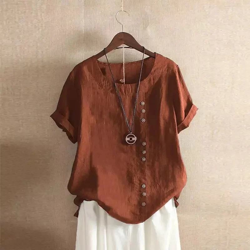 Linen blouse for women - asymmetrical button closure - short sleeves