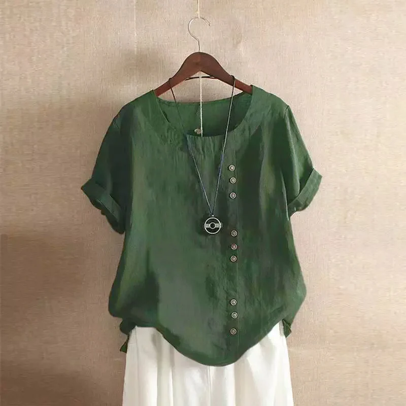Linen blouse for women - asymmetrical button closure - short sleeves