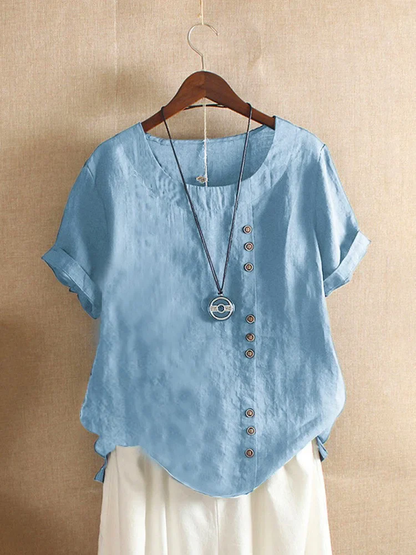 Linen blouse for women - asymmetrical button closure - short sleeves