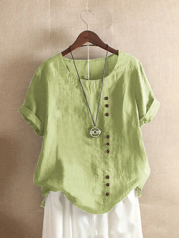 Linen blouse for women - asymmetrical button closure - short sleeves