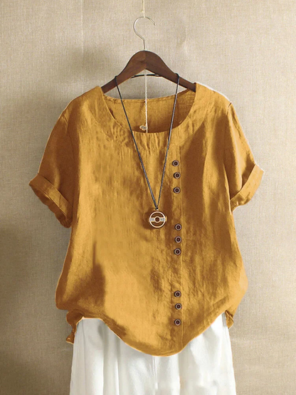 Linen blouse for women - asymmetrical button closure - short sleeves