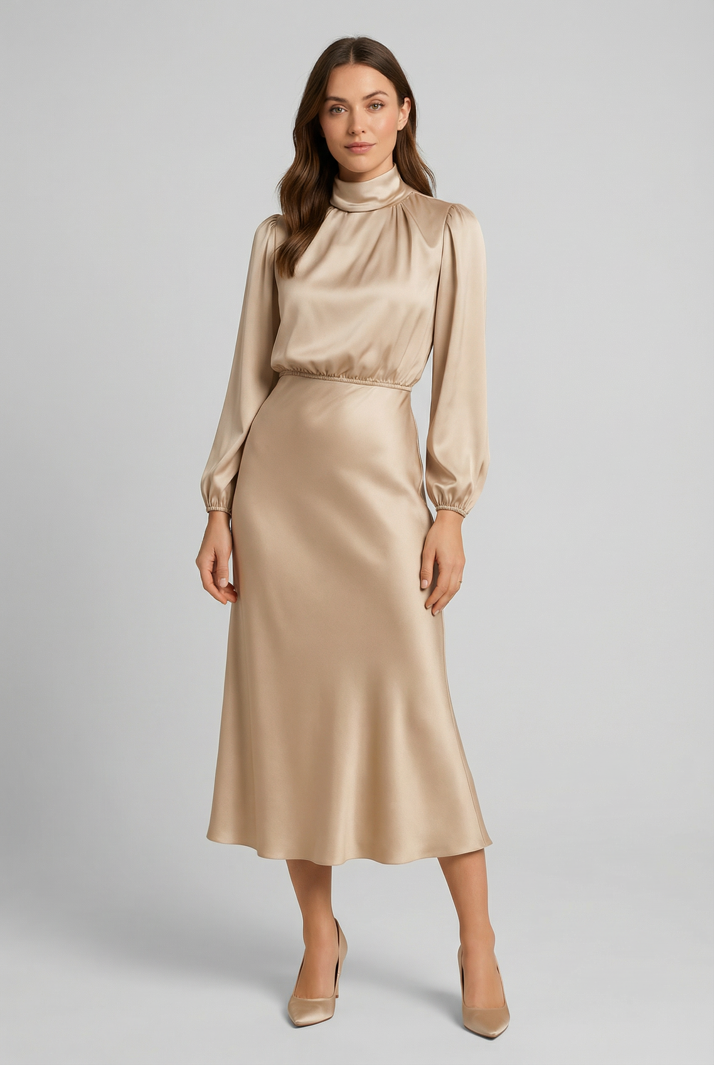 Robe midi élégante en satin à taille haute
