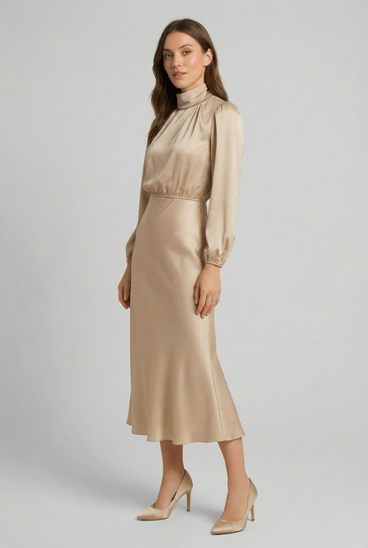 Robe midi élégante en satin à taille haute